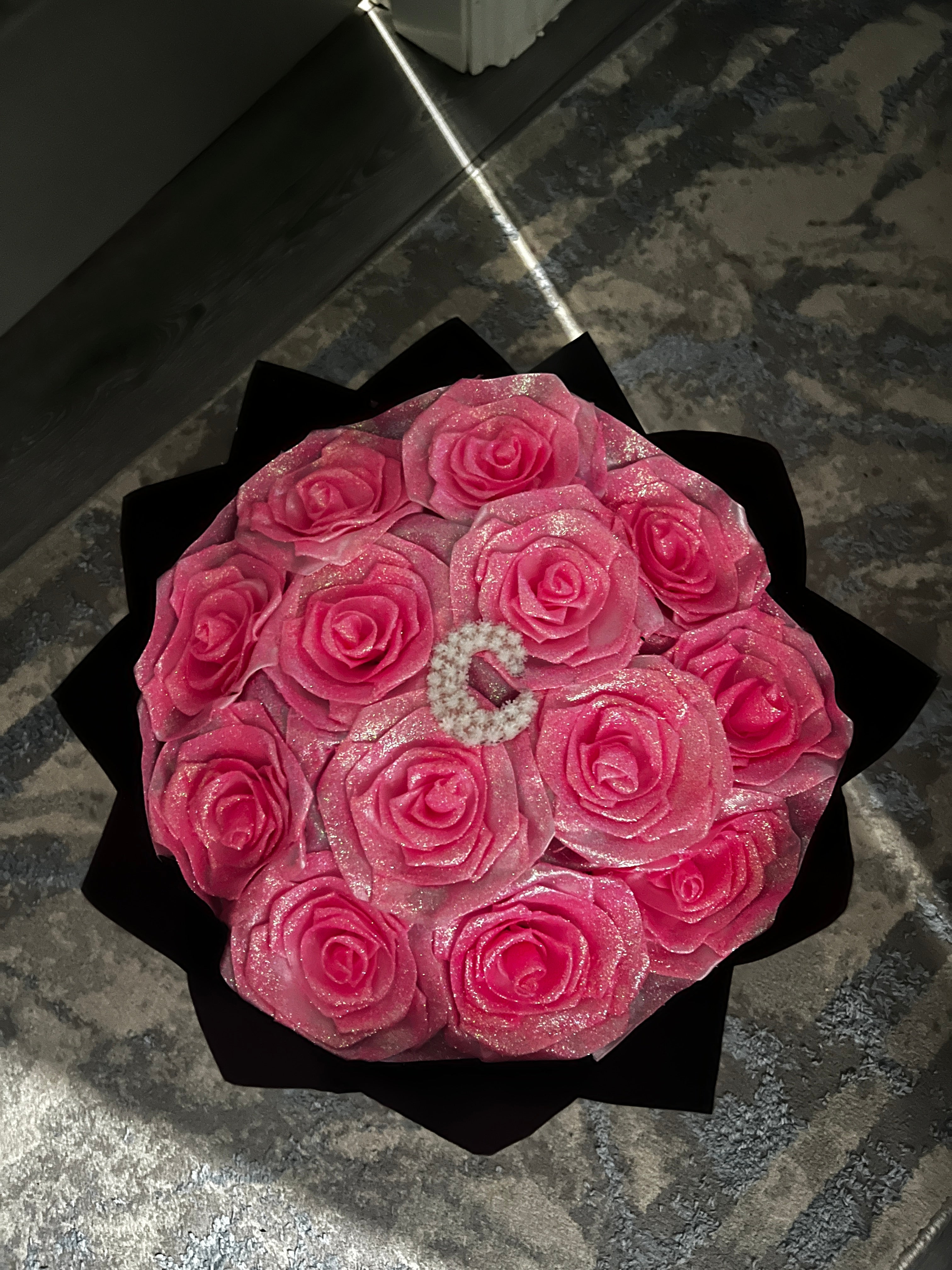 Pink Glitter Roses w Name Letter